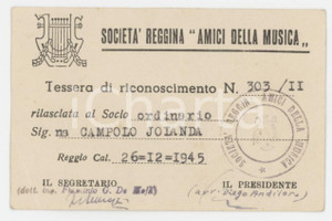 1945 REGGIO CALABRIA Società Reggina Amici della Musica - Tessera 10x6 cm Tessera d'epoca.  FAIR/discreto Piegatura all'angolo inferiore sinistro Formato: 10x6 cm originale e autentica 1