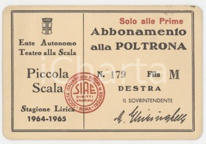1964 MILANO Teatro alla Scala PICCOLA SCALA Tessera abbonamento 9x6 cm Tessera d'epoca.  GOOD/buono  Formato: 9x6 cm originale e autentica 1