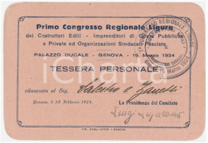 1924 GENOVA Primo Congresso Ligure dei costruttori edili - Tessera 11x8 cm Tessera d'epoca.  FAIR/discreto Lievi smussature agli angoli Formato: 11x8 cm originale e autentica 1