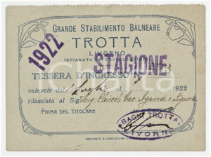 1922 LIVORNO Grande stabilimento balneare TROTTA Tessera d'ingresso 10x7 cm Tessera d'epoca. FAIR/discreto Lievi smussature agli angoli Formato: 10x7 cm originale e autentica 1