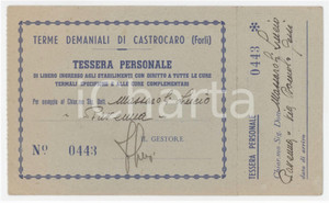 1920 ca CASTROCARO Terme demaniali - Tessera personale con talloncino 14x8 cm Tessera d'epoca, con talloncino. GOOD/buono  Formato: 14x8 cm originale e autentica 1