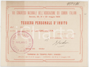 1909 GENOVA VIII Congresso Comuni Italiani - Tessera congressista Comune MILANO Tessera d'epoca.  POOR/danneggiato Estese bruniture, piegature agli angoli Formato: 14x11 cm originale e autentica 1