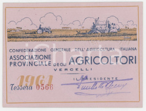 1961 GHISLARENGO Conf. Agricoltura Italiana - Agricoltori VERCELLI Tessera10x7 Tessera d'epoca. FAIR/discreto Lievi smussature agli angoli Formato: 10x7 cm originale e autentica 1