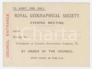 1935 ca UNIVERSITY OF LONDON Royal Geographical Society - Council entrance Tessera d'epoca.  FAIR/discreto Lievi smussature agli angoli Formato: 10x7 cm originale e autentica 1
