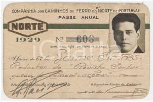 1929 NORTE DE PORTUGAL Companhia dos aminhos de ferro - Passe annual 10x6 cm Tessera d'epoca.  FAIR/discreto Aloni e piccole abrasioni Formato: 10x6 cm originale e autentica 1