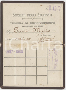 1907 COMO Società degli studenti - Tessera di riconoscimento 10x7 cm Tessera d'epoca.  FAIR/discreto Lievi smussature e piccole abrasioni Formato: 10x7 cm originale e autentica 1