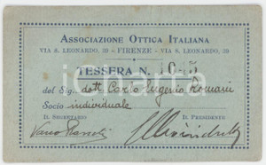 1930 FIRENZE Associazione Ottica Italiana - Tessera 10x6 cm Tessera d'epoca.  FAIR/discreto Bruniture diffuse Formato: 10x6 cm originale e autentica 1