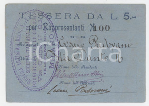 1910 ca MILANO Mostra artistica decorativa - Tessera per rappresentanti 10x7 cm Tessera d'epoca.  FAIR/discreto Lievi smussature agli angoli Formato: 10x7 cm originale e autentica 1