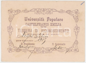 Oggetto da collezione cartaceo 1915 CASTELFRANCO EMILIA Università popolare  Tessera di riconoscimento 12x9 cm 1