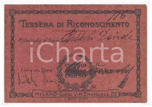 1890 ca MILANO Circolo del Corso - Tessera di riconoscimento 9x6 cm Tessera d'epoca.  FAIR/discreto Lievi smussature agli angoli Formato: 9x6 cm originale e autentica 1