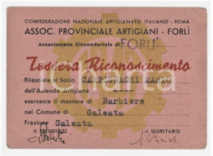 1947 GALEATA Associazione provinciali artigiani FORLÌ Tessera 10x7 cm Tessera d'epoca.  FAIR/discreto Lievi smussature agli angoli Formato: 10x7 cm originale e autentica 1
