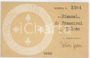 1952 MILANO Federazione italiana bridge - Tessera 10x6 cm Tessera d'epoca.  FAIR/discreto Lievi smussature agli angoli Formato: 10x6 cm originale e autentica 1