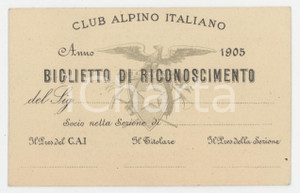 1905 CAI Club Alpino Italiano - Tessera 10x6 cm Tessera d'epoca.  FAIR/discreto Lievi smussature agli angoli Formato: 10x6 cm originale e autentica 1