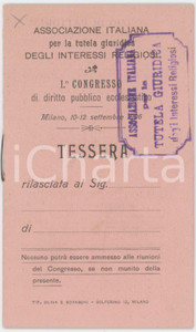 1906 MILANO Ass. tutela giuridica degli interessi religiosi Tessera I° Congresso Tessera d'epoca.  CONDIZIONI:FAIR/discreto Lievi smussature agli angoliFORMATO: 7x12 cm originale e autentica 1