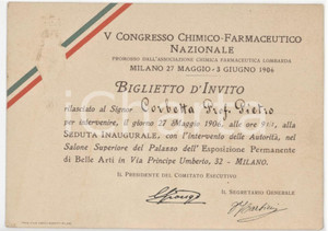 1906 MILANO - V Congresso Chimico Farmaceutico - Tessera di Pietro CORBETTA 13x9 Tessera d'epoca.   FAIR/discreto Lievi smussature agli angoli Formato: 12x9 cm originale e autentica 1