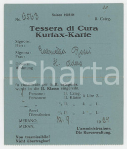 1924 MERANO Stabilimento termale - Tessera di cura per la II Categoria 11x7 cm