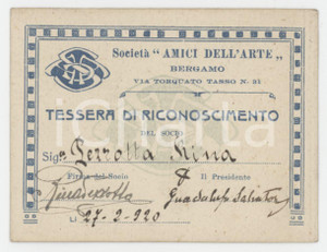 1920 BERGAMO Società Amici dell'arte -Tessera di riconoscimento 9x7 cm