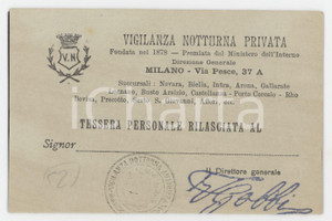 1900 ca MILANO Vigilanza Notturna Privata - Tessera personale 11x7 cm