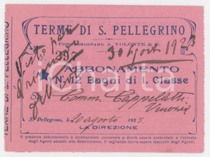 1923 TERME DI SAN PELLEGRINO Tessera abbonamento bagni di prima classe 10x8 cm