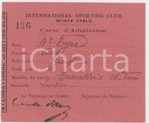 1900 ca MONTECARLO International Sporting Club - Tessera 11x9 cm