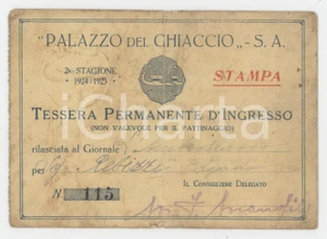 1924 MILANO Palazzo del ghiaccio - Tessera stampa Edgardo REBIZZI L'ambrosiano