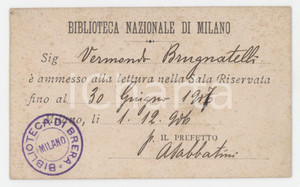 1917 MILANO Biblioteca di Brera - Tessera di Vermondo BRUGNATELLI 9x5 cm