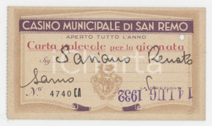 1937 SANREMO Casinò Municipale - Carta valevole per la giornata 10x5 cm