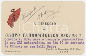 1950 ca LISBOA Grupo Tauromaquico Sector 1 - Bilhete banquete do XXI aniversàrio