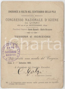 1899 COMO Centenario invenzione pila - Congresso igiene Tessera Giuseppe FERMINI