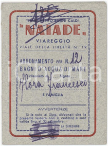 1954 VIAREGGIO Stabilimento bagni caldi NAIADE Abbonamento bagni acqua di mare