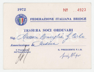1972 MODENA Federazione Italiana di Bridge - Tessera soci ordinari 10x7 cm