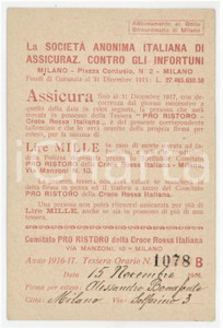 1916 MILANO - SAI Assicurazioni - Tessera pro ristoro CROCE ROSSA ITALIANA