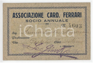 1925 GARLASCO Tessera Associazione Cardinal Ferrari 11x7 cm