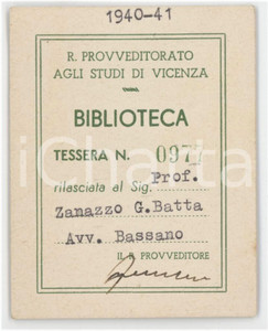 1940 BIBLIOTECA DI VICENZA Tessera del Prof. Giovanni Battista ZANAZZO 6x8 cm