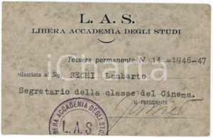 1946 LAS Sezione CINEMA Libera accademia degli studi - Tessera di Lamberto SECHI