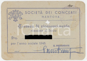 1948 MANTOVA Società dei concerti - Tessera di riconoscimento 10x7 cm