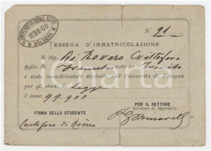 1899 BOLOGNA Università - Tessera d'immatricolazione Cristoforo DI ROVERO 11x8