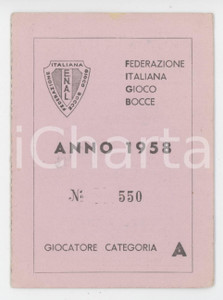 1958 MANTOVA Società Bocciofila Mantovana - Tessera FIGB Categoria A - 6x8 cm