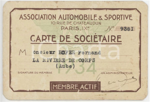 1934 LA-RIVIERE-DES-CORPS Association automobile & sportive Carte de sociétaire