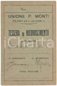 1931 MILANO Unione P. MONTI - Tessera di riconoscimento 7x11 cm