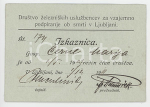 1911 LJUBLJANA Drustvo zelezniskih uslužbencev za vzajemno podpiranje ob smrti