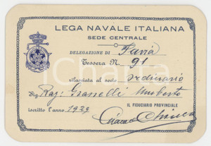 1929 LEGA NAVALE ITALIANA - PAVIA - Tessera socio Umberto GRANELLI