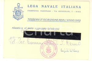 1962 LEGA NAVALE ITALIANA ROMA - Tessera di iscrizione socio