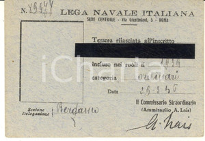 1946 LEGA NAVALE ITALIANA ROMA - Tessera di iscrizione socio