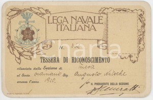 1920 LEGA NAVALE ITALIANA - Sezione TRIESTE - Tessera socio Augusto NITSCHE
