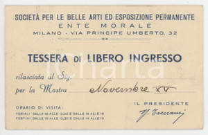 1936 MILANO Società belle arti - Tessera di libero ingresso per la mostra - 11x7