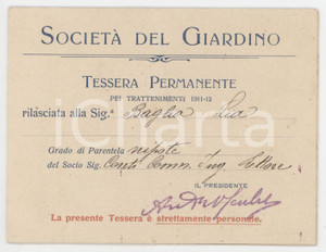 1911 MILANO Società del giardino - Tessera di Lia BAGLIA 11x8 cm