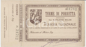 1912 TERME DI PORRETTA Tessera personale 15x9 cm