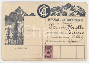 1919 CAI Sezione TORINO Tessera di Metello ROSSI Club Alpino Italiano 7x10 cm