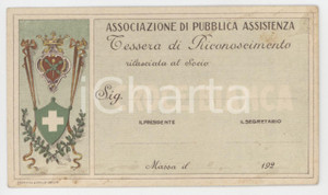 1920 ca CROCE BIANCA Associazione di pubblica assistenza - Tessera 12x7 cm